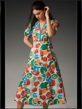 Farm Rio x Anthropologie Short-Sleeve V-Neck Cutout Multi-Color Midi Dress